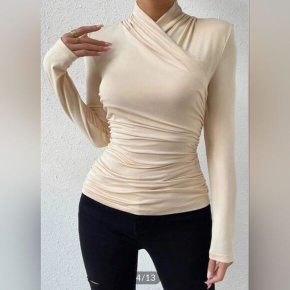 Commense Tops - Cross-Over Collar Pleated Cinched T-Shirt Commense XS NWT CM6